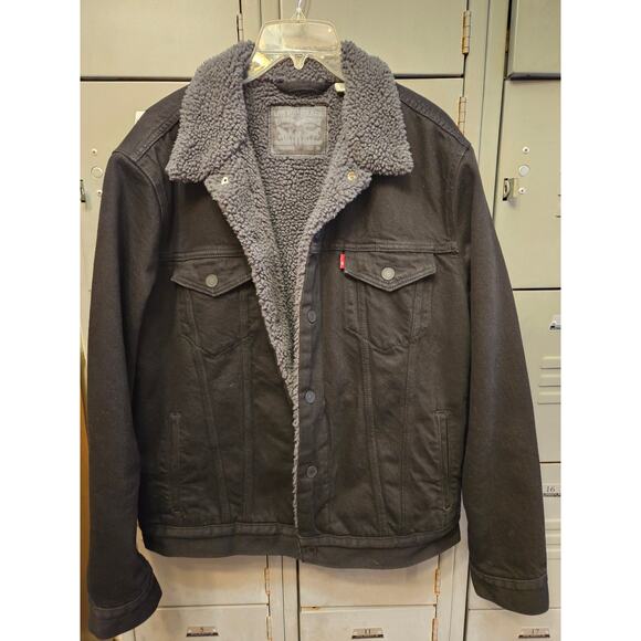 Levi's black denim sherpa trucker jacket men's size medium cowboy rodeo western - Picture 1 of 4